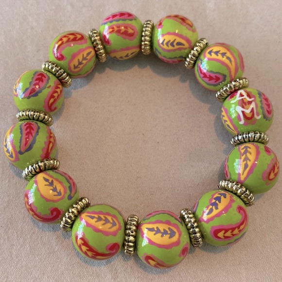 Angela Moore Jewelry - Angela Moore hand painted beaded bracelet - Paisley Green Pink Multi